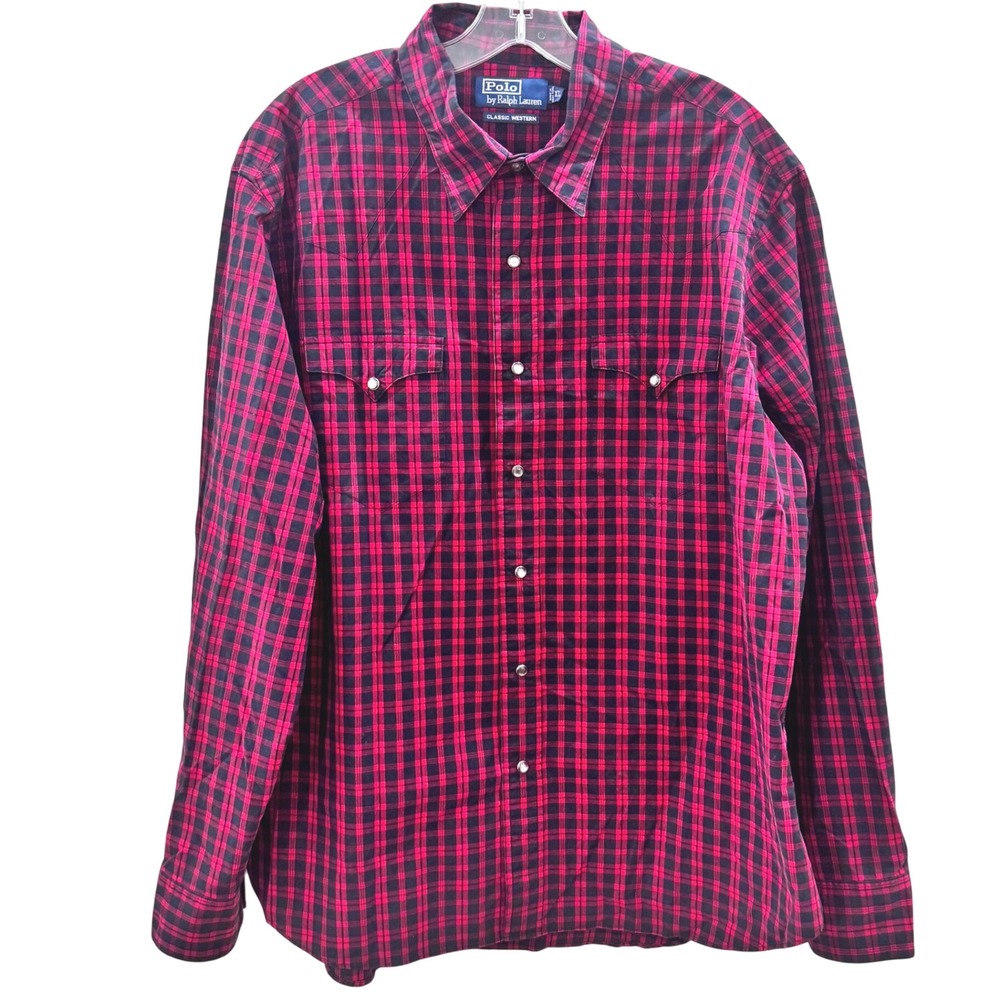 Polo Ralph Lauren Western Shirt Mens XL Red Black Plaid Pearl Snap Cowboy
